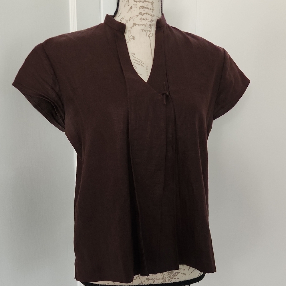 Brown Cap Sleeve Blouse with Mandarin Collar